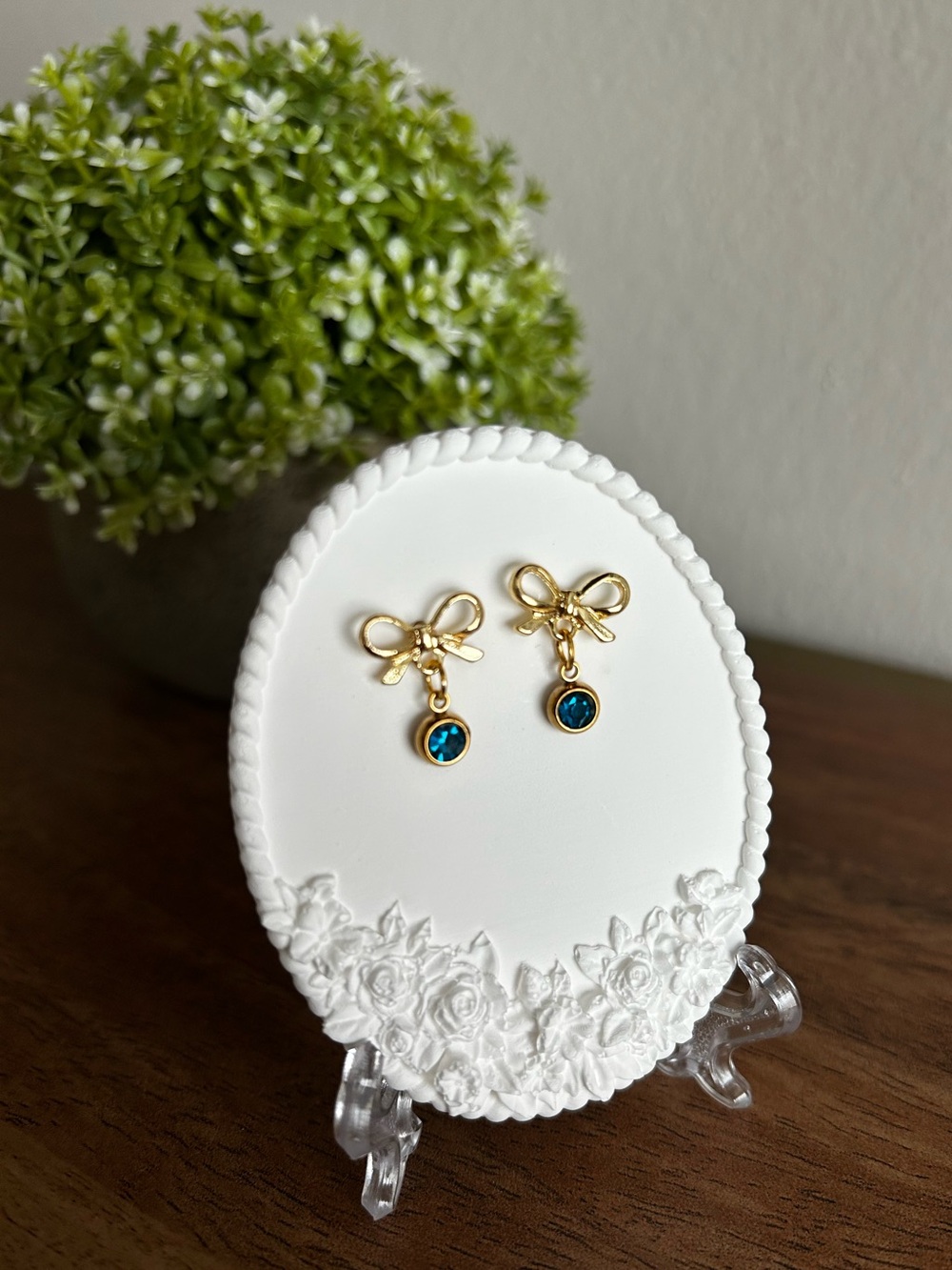 Blue Birthstone Earrings with Gold Bows
